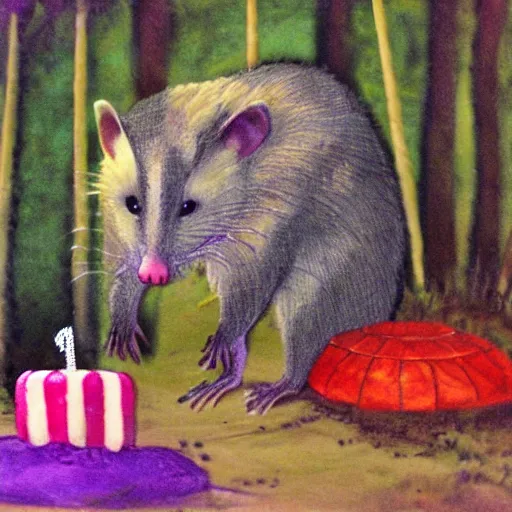 Image similar to opossum birthday party in the forest at night