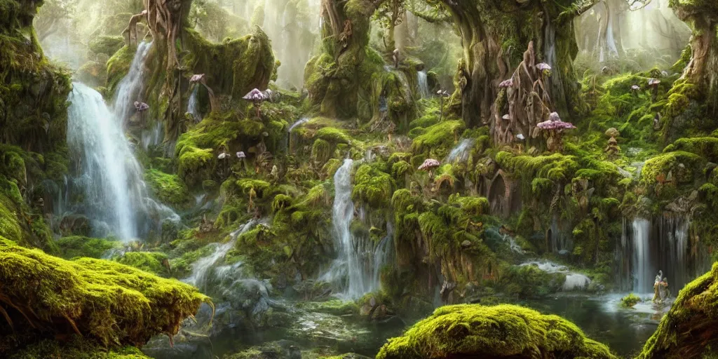 Image similar to fairyland scenery landscape, lord of the rings, waterfalls, monoliths, flowers, mushroom structures, moss highly detailed, vivid color, perfect lighting, perfect composition, 8 k, brian froud, artgerm, derek zabrocki, greg rutkowski