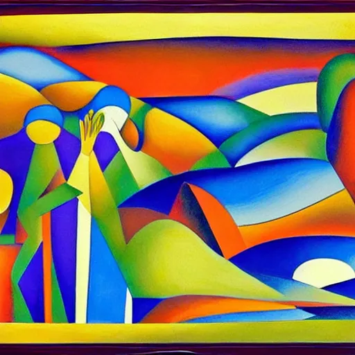 Image similar to woman as the natural landscape, her curves form the mountains and rivers of the land , high quality art in the style of cubism and georgia o’keefe,