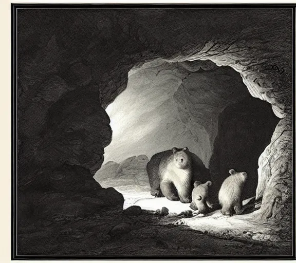 Image similar to viewer looking into dark cave and seeing a mother bear and her cubs sleeping, night time, artwork by Pieter Claesz, cross hatching, framed painting,