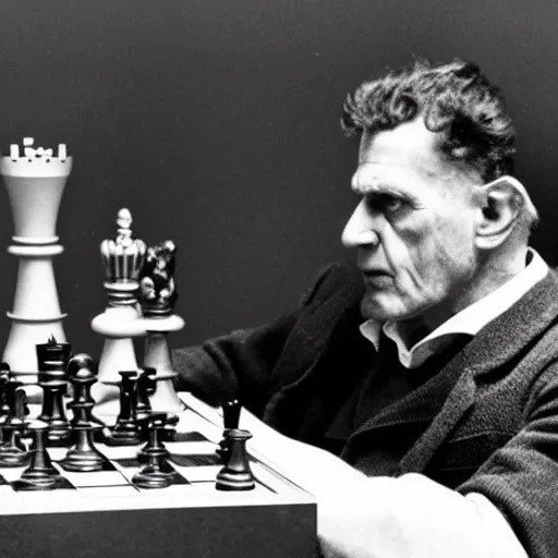 Image similar to ludwig wittgenstein playing chess with a robot, dramatic angle