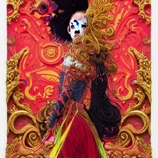 Image similar to jisoo + blackpink + elements + red + gold + neon + baroque + rococo + white + orange + ink + tarot card, ornate + by marc simonetti, paul pope, peter mohrbacher, detailed, intricate ink illustration + damask + award winning + 8 k