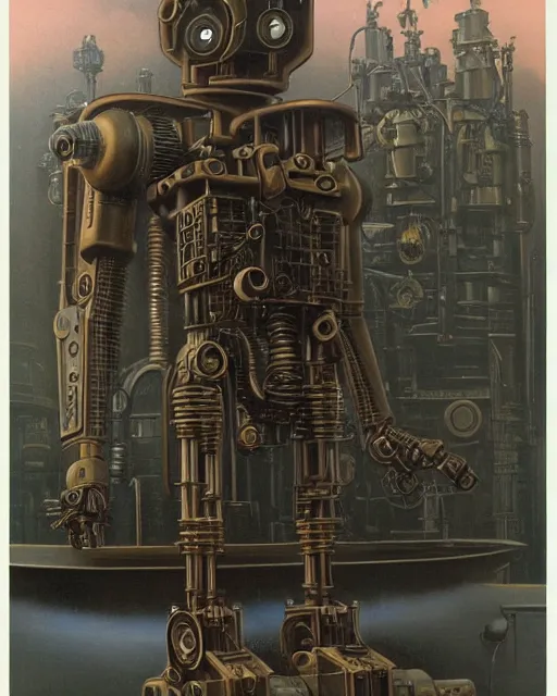 Image similar to steampunk robot, half body by ralph mcquarrie and frank lloyd frank lloyd and bruce pennington and ted nasmith