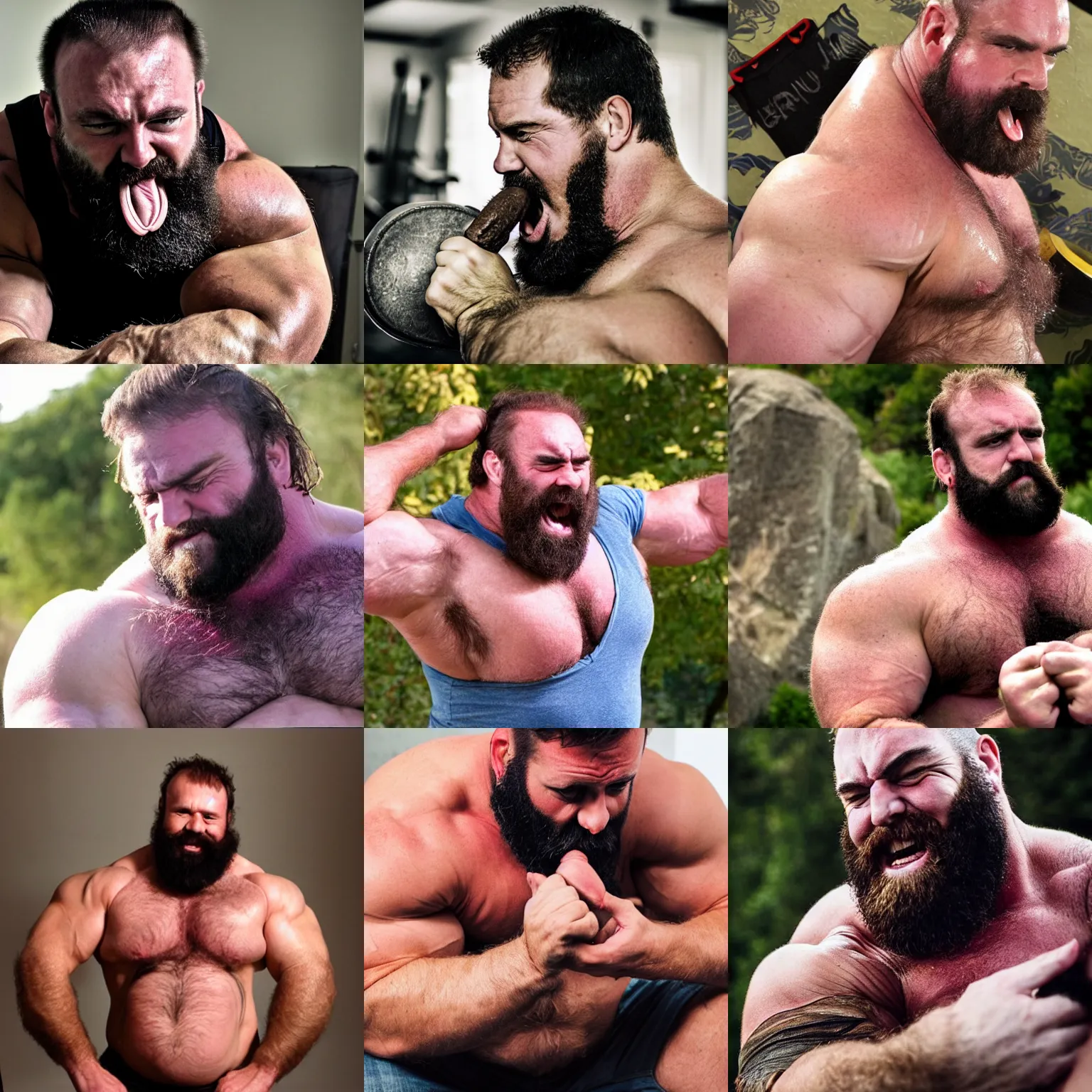 Prompt: big burly hairy manly strongman licking his biceps