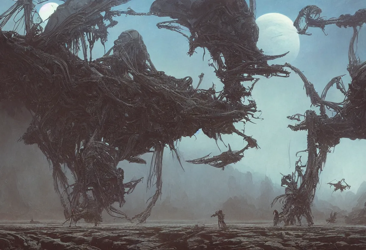 Prompt: a gargantuan insect carcass on an alien planet with two astronauts in the foreground for scale, by daniel - by greg rutkowski and raymond swanland hr giger and zdzislaw beksinski and alphonse mucha and moebius, matte painting, hyperdetailed, symmetry, art nouveau, beautiful render, concept art