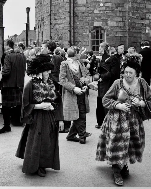 Prompt: Award winning reportage photo of Welsh Natives wearing traditional garb by Garry Winogrand and Dian Arbus, 85mm ND 5, perfect lighting, gelatin silver process