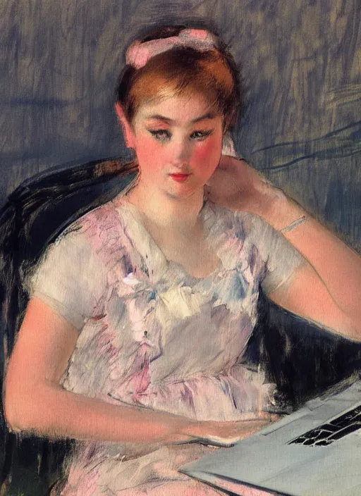 Prompt: vintage beautiful painting of a woman on a laptop in Mary Cassatt style