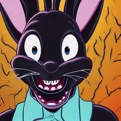 Image similar to A extremely highly detailed majestic hi-res beautiful, highly detailed head and shoulders portrait of a scary terrifying, horrifying, creepy black cartoon rabbit with scary big eyes, earing a shirt laughing, hey buddy, let's be friends, in the style of Walt Disney