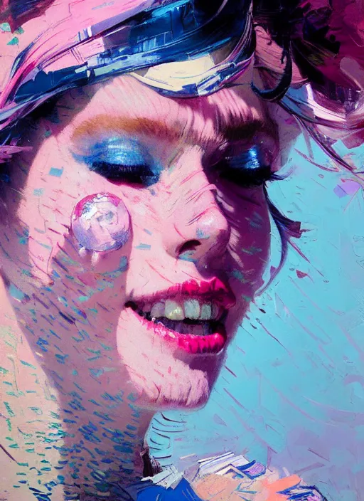 Prompt: portrait of a beautiful girl, smiling, ecstatic, dancing, eyes closed, open mouth, shades of pink and blue, beautiful face, rule of thirds, intricate outfit, spotlight, by greg rutkowski, by jeremy mann, by francoise nielly, by van gogh, digital painting