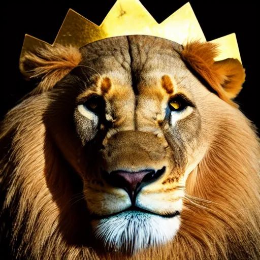 Image similar to high quality studio photography of a lion wearing ancient gold crown, solid background