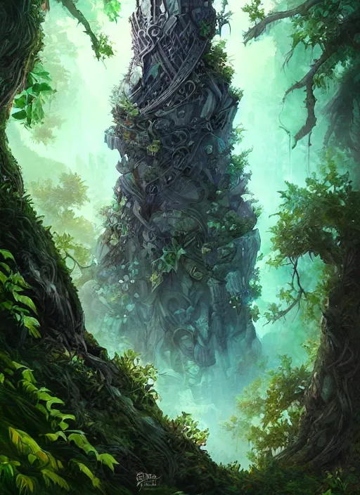 Image similar to an ancient obsidian cubic tower rising from a dense forest landscape, fantasy digital painting, stunning intricate details, artwork by ross tran, artgerm