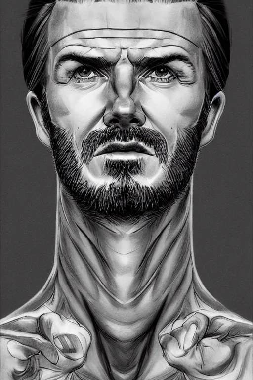 Image similar to Portrait of David Beckham in the style of JoJo's Bizarre Adventure, by Hirohiko Araki, rugged beard, long dark hair, beautiful bone structure, realistic body proportions, intricate, elegant, realistic face, highly detailed, digital painting, artstation, concept art, smooth, sharp focus, manga illustration, art by artgerm and greg rutkowski and alphonse mucha