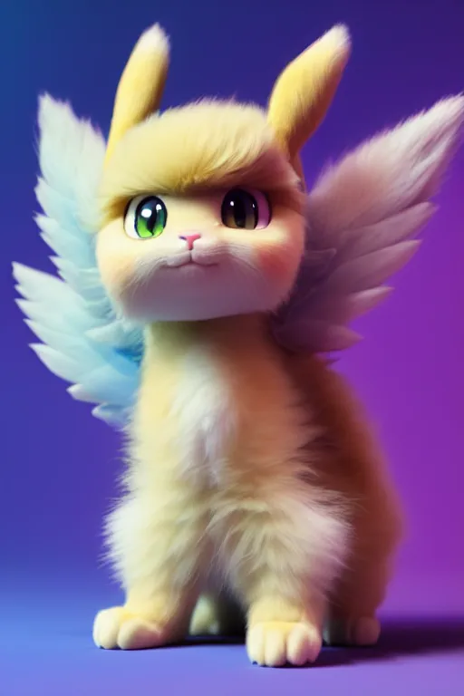 Image similar to high quality 3 d render hyperrealist very cute multipastel fluffy! chimera! cat hybrid with detailed fluffy wings!!, vray smooth, in the style of detective pikachu, hannah yata charlie immer, dramatic blue light, low angle, uhd 8 k, sharp focus