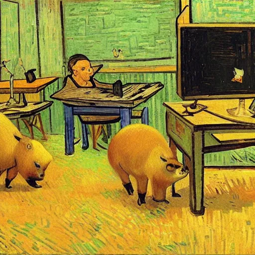 Prompt: two capybaras playing videogames by van gogh