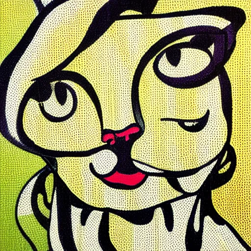 Image similar to a closeup oil portrait of an innocent, elegant cat, smiling, wearing pearl earrings, pop art, by roy lichtenstein