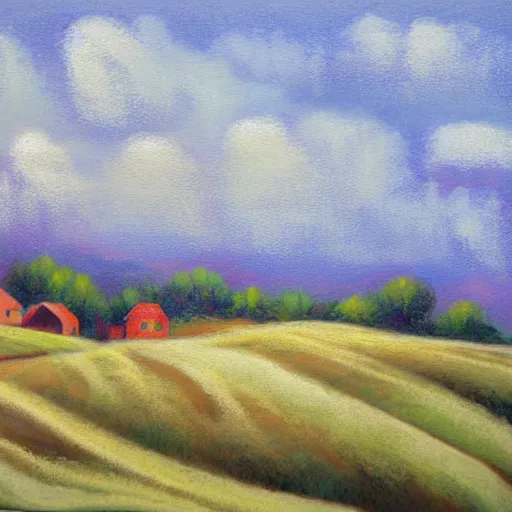 Prompt: new england houses among hills and fields, light pastel style painting