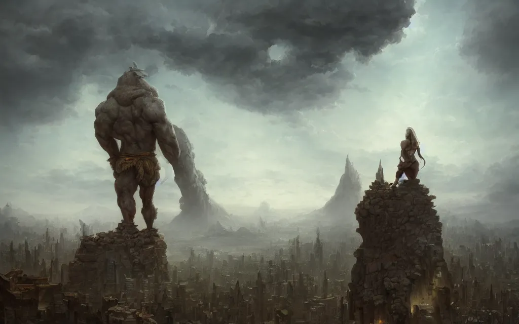 Prompt: the stone giant over the big city on the horizon. beautiful, realistic, 4K by Anita Kunz, Leonardo da Vinci, Peter Mohrbacher, Tomasz Jedruszek and Jakub Różalski, Trending on artstation