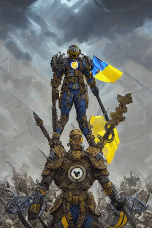 Image similar to a distant shot of a super soldier with blue and yellow flag and a trident symbol standing alone on a huge pile of skulls as a winner, masculine figure, D&D, fantasy, intricate, elegant, highly detailed, extremely detailed, digital painting, artstation, concept art, matte, smooth, sharp focus, illustration, art by Artgerm and Greg Rutkowski and Alphonse Mucha