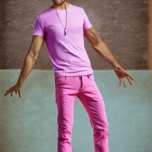 Image similar to bald skinny man in a pink t - shirt and pink pants, photo realistic