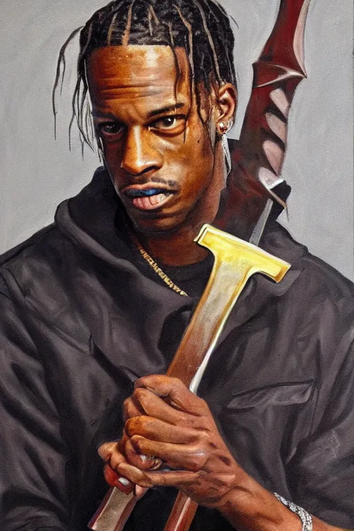 Image similar to travis scott holding a sword, painting