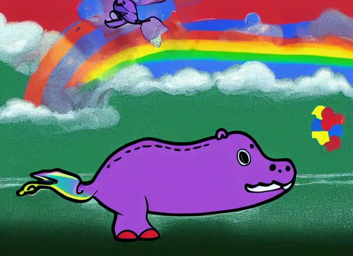 Prompt: a hippo has a propeller on its back instead of its tail and flies over a rainbow which is coming out of a crocs shoe