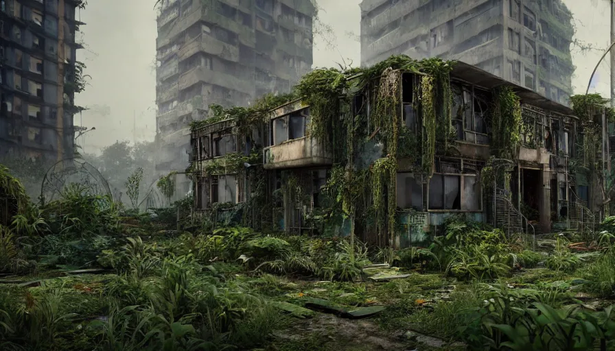 Image similar to Abandoned Building Overgrown by beautiful plants, Dystopian Slum, Hyperrealism, Hyperdetailed, Intricate Details, Anamorphic Lens, Cinematic Lighting, Volumetric Lights, Raytracing Reflections, Unreal Engine 5