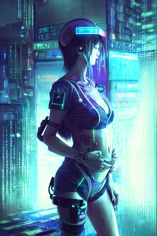 Image similar to portrait futuristic lovely cyberpunk female police, in heavy rainning futuristic tokyo rooftop cyberpunk night, ssci-fi, fantasy, intricate, very very beautiful, elegant, neon light, highly detailed, digital painting, artstation, concept art, soft light, hdri, smooth, sharp focus, illustration, art by tian zi and craig mullins and WLOP and alphonse mucha