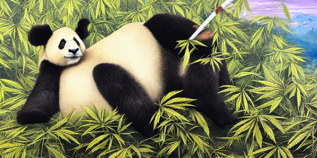 Prompt: Panda smoking marijuana looking into the distance over a cliff at endless crystal structures, a surrealist painting by Chris Rheiman.