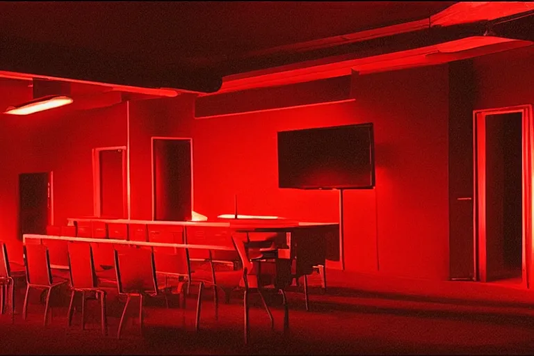 Image similar to a dark conference room, half full, atmospheric and obscure, red neon light, by roger deakins, cinematography, syd mead