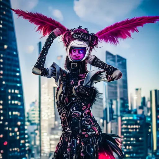 Image similar to portrait futuristic Devil Girl with horns and wings and feathers and armor stuuing smile in future cyberpunk tokyo rooftop sci-fi fan