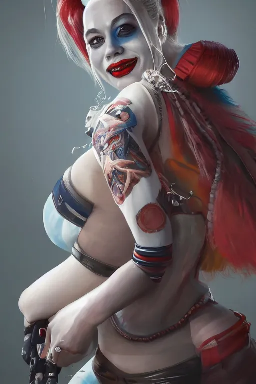 Prompt: cinematic portrait of Harley Quinn. Centered, uncut, unzoom, symmetry. character illustration. Surreal render, ultra realistic, zenith view. Polished. Inspired by patricio clarey, heidi taillefer scifi painter glenn brown. Extremely ornated. artstation, cgsociety, unreal engine, ray tracing, detailed illustration, hd, 4k, digital art, overdetailed art. Dslr, tiltshift, dof. 64megapixel. complementing colors. Trending on artstation, deviantart,