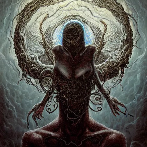 Image similar to eldritch angel from the edges of reality, pseudonatural, azathoth, pulsating, half-face, multiple eyes, multiple mouths, fallen heaven, oil painting, portrait, intricate complexity, rule of thirds, in the style of Adam Paquette, Svetlin Velinov, Daarken, Artgerm, Keith Thompson, and Eric Deschamps, magic the gathering art, character concept