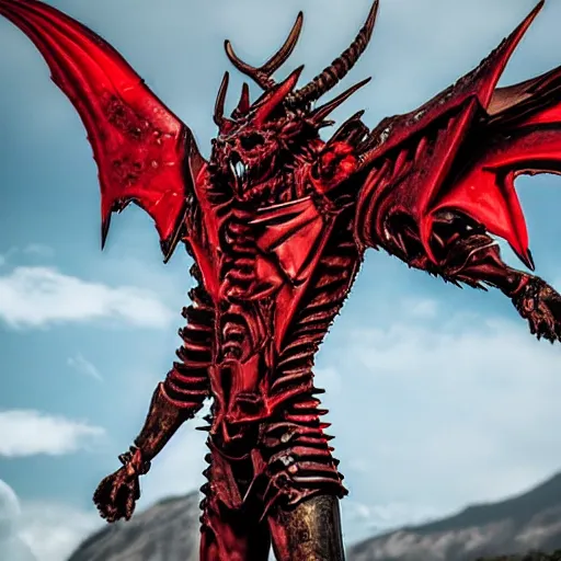 Image similar to am a man devil in armor made of iron and dragon bones, with hellish big beautiful red devil wings, height detailed body elements, against the background of mountains, ocean, battlefield