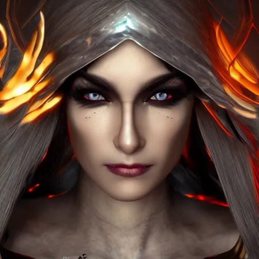 Image similar to beautiful dark sorceress female, 3d render, cinematic shot, hyper realistic