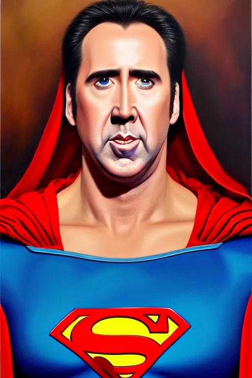 Image similar to portrait of nicolas cage as superman looking away from the camera, intricate, extremely detailed oil painting by mark brooks, artstation