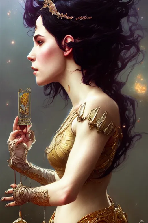 Prompt: Halsey as a princess, fantasy, intricate, elegant, highly detailed, digital painting, artstation, concept art, matte, sharp focus, illustration, art by Artgerm and Greg Rutkowski and Alphonse Mucha