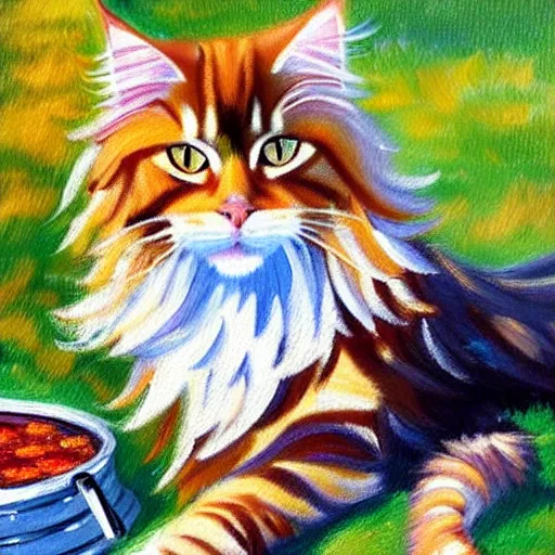 Image similar to beautiful impressionist painting of an ginger maine coon with a white beard cooking a bbq outside