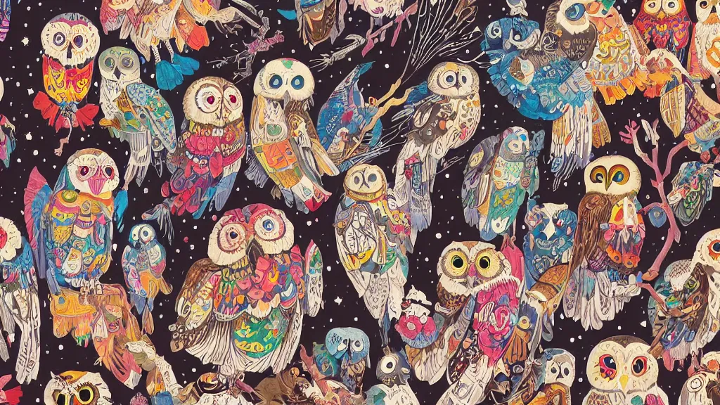 Prompt: very detailed, ilya kuvshinov, mcbess, rutkowski, watercolor quilt illustration of owls flying at night, colorful, dia de los muertos, deep shadows, astrophotography, highly detailed, wide shot