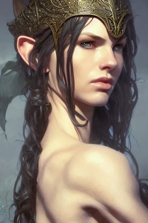 Image similar to portrait of a elven ranger, dark, piercing eyes, gentle expression, elegant clothing, photorealistic, highly detailed, artstation, smooth, sharp focus, art by michael whelan, artgerm, greg rutkowski and alphonse mucha