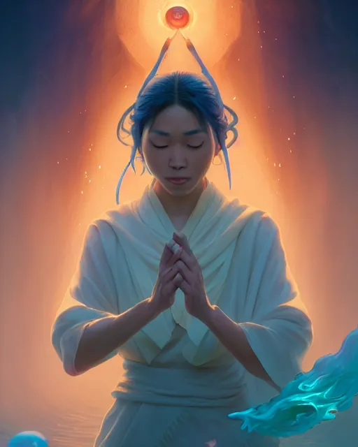 Prompt: asian mage casting a water spell, highly detailed vfx portrait, unreal engine, greg rutkowski, loish, rhads, beeple, makoto shinkai and lois van baarle, ilya kuvshinov, rossdraws, tom bagshaw, alphonse mucha, global illumination, detailed and intricate environment