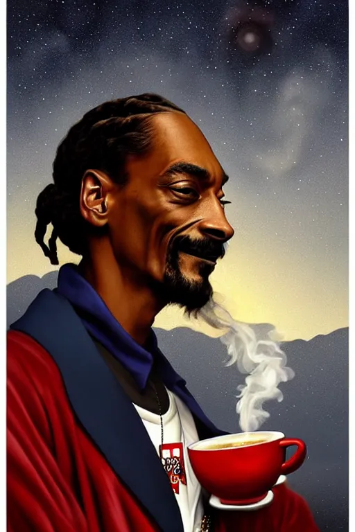 Prompt: Snoop Dogg offering a steaming mug of chai tea, against the backdrop of the universe, full body, digital painting, artstation, concept art, sharp focus, cinematic lighting, illustration, art by artgerm and Norman Rockwell, cgsociety