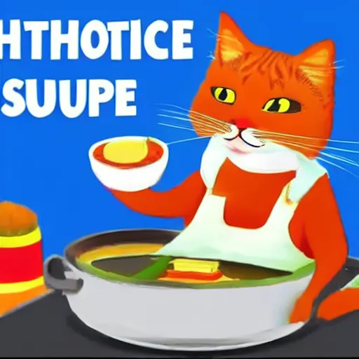 Image similar to anthropomorphic cat chef cooking a delicious colorful soup, digital painting, youtube video thumbnail