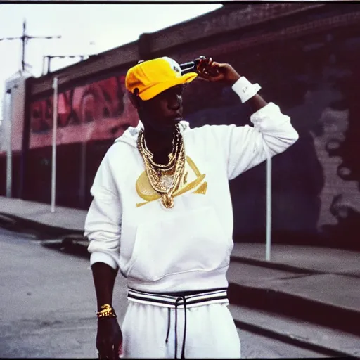 Prompt: 1985 the Bronx in New York. A photographic portrait of a tough rapper wearing a white jogging and white Adidas sneakers and a lot of gold necklace and a white sun hat and holding a gun and a getthoblaster. Gang vibes. Kodachrome. High quality press photography. A bit out of focus. 120mm. Washed out colors. Picture taken in the street of the Bronx. Summer day
