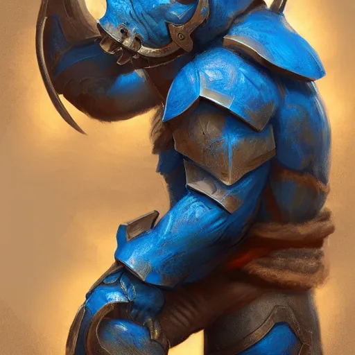 Prompt: An anthropomorphic blue rhino wearing warrior armor, highly detailed, digital painting, artstation, concept art, smooth, sharp focus, studio light, by Jason Chan and riot studios,