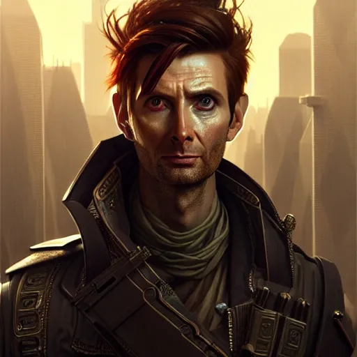 Prompt: portrait painting of a cyberpunk elf mercenary redhead david tennant, ultra realistic, concept art, intricate details, eerie, highly detailed, photorealistic, octane render, 8 k, unreal engine. art by artgerm and greg rutkowski and charlie bowater and magali villeneuve and alphonse mucha