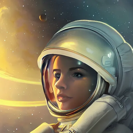 Prompt: very beautiful female astronaut floating in space, dreamscape, highly detailed, digital painting, artstation, concept art, smooth and sharp focus, illustration