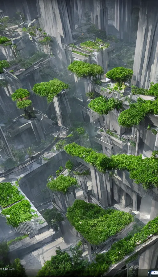 Image similar to a futuristic Hanging Gardens of Babylon, sweat drops, insane, highly detailed, smooth, sharp focus, Unreal Engine 5, 8K