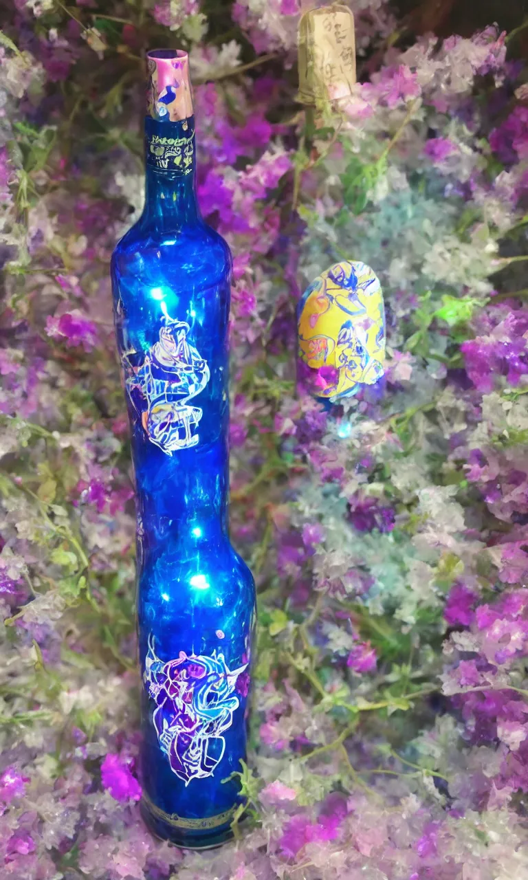 Prompt: a very nice bottle full with a blue magenta glowing from the brand the main ingredient company. anime style, takumi fujiwara