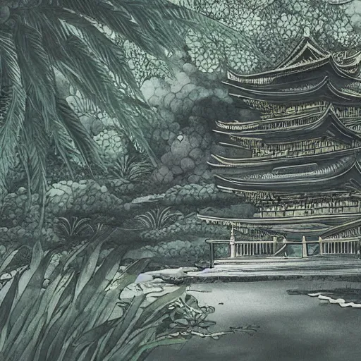 Image similar to a giant mystical temple in the middle of a rainforest, beautiful brushlines, japanese ink