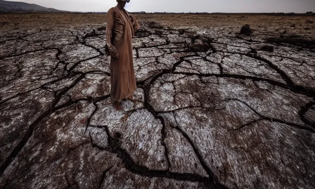 Image similar to medium shot of a nondescript crying ancient dried up Danu, peaceful, facing the camera and standing in front of a dried up river in a desolate land, dead trees, blue sky, hot and sunny with light rain but no clouds, highly-detailed, elegant, dramatic lighting, artstation, 4k, cinematic landscape, photograph by Elisabeth Gadd